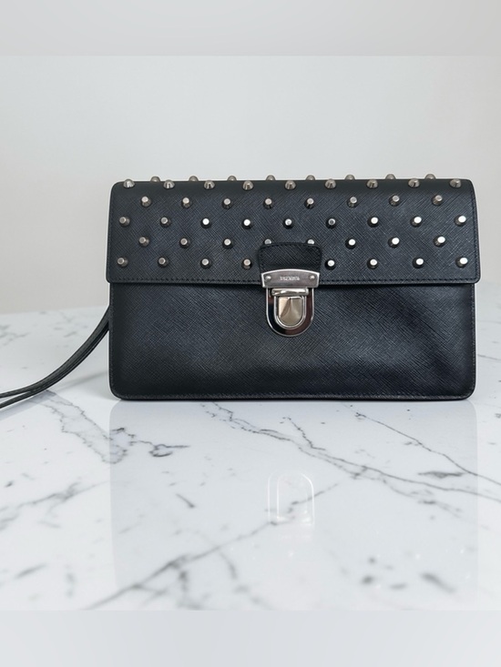Prada Other - Prada Saffiano Leather Studded Clutch Wristlet Black Silver Hardware Y2K